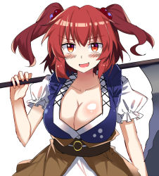 Rule 34 | 1girl, :d, blue vest, blush, breasts, brown sash, cleavage, commentary request, e.o., hair bobbles, hair ornament, hand up, highres, holding, holding scythe, holding weapon, large breasts, looking at viewer, obi, onozuka komachi, open mouth, over shoulder, red eyes, red hair, sash, scythe, shirt, short hair, simple background, smile, solo, touhou, two side up, upper body, vest, weapon, weapon over shoulder, white background, white shirt