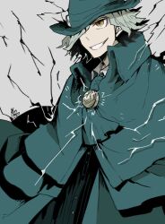 Rule 34 | 1boy, ascot, buttons, cloak, collared cloak, collared shirt, edmond dantes (fate), electricity, fate/grand order, fate (series), fedora, green ascot, green cloak, grey hair, grin, hair over one eye, hat, highres, male focus, shirt, short hair, smile, solo, teiratogau, yellow eyes