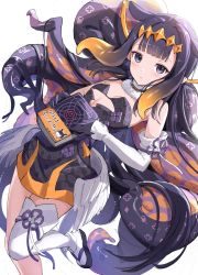 Rule 34 | 1girl, absurdres, akamoku, animal ears, bare shoulders, black choker, black dress, blunt bangs, book, choker, closed mouth, commentary request, detached sleeves, dress, expressionless, film grain, flat chest, flower knot, gloves, halo, headpiece, highres, holding, holding book, hololive, hololive english, huge filesize, linea alba, long hair, looking at viewer, low wings, mole, monster girl, ninomae ina&#039;nis, ninomae ina&#039;nis (1st costume), pointy ears, print dress, purple eyes, purple gloves, purple hair, sandals, short dress, sidelocks, simple background, single sleeve, single thighhigh, solo, standing, standing on one leg, tentacle hair, tentacles, thighhighs, translation request, very long hair, virtual youtuber, white background, white thighhighs, wings, zouri