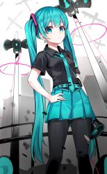 Rule 34 | 1girl, absurdres, aircraft, airplane, aqua eyes, aqua hair, aqua necktie, aqua skirt, armband, black pantyhose, black shirt, cable, commentary, cowboy shot, debris, expressionless, from below, hair ornament, hand on own hip, hatsune miku, highres, holding, holding megaphone, ille (xcpa7325), koi wa sensou (vocaloid), long hair, looking at viewer, megaphone, miniskirt, necktie, pantyhose, pleated skirt, shirt, short sleeves, silhouette, skirt, solo, standing, torn clothes, torn pantyhose, twintails, uniform, very long hair, vocaloid