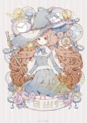 Rule 34 | 1girl, banner, blue bow, blue bowtie, blue dress, blue hat, blue ribbon, bow, bowtie, broom, brown eyes, brown hair, character name, clock, closed mouth, collar, cowboy shot, dress, eyelashes, flower, grey background, hat, high collar, highres, holding, holding broom, lace-trimmed collar, lace trim, long hair, long sleeves, looking at viewer, original, pleated dress, purple flower, purple rose, ribbon, rose, sample watermark, sash, short dress, smile, solo, striped, striped background, third-party source, tu yi, very long hair, watermark, wavy hair, weibo logo, weibo watermark, white collar, white sash, wide brim, witch, witch hat