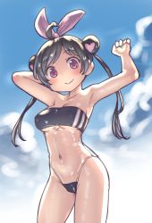 Rule 34 | 1girl, aaaa (quad-a), ahoge, arm behind head, armpits, bandeau, bikini, black hair, borrowed character, breasts, commentary request, covered erect nipples, cowboy shot, double bun, gris swimsuit, hair bun, highres, large breasts, lowleg, lowleg bikini, meme attire, navel, original, purple eyes, second-party source, smile, solo, swimsuit, twintails, underboob
