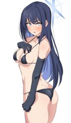 Rule 34 | 1girl, absurdres, ass, bikini, black bikini, black choker, black gloves, black hair, blue archive, blue eyes, breasts, choker, collarbone, elbow gloves, gloves, halo, hand on own chest, highres, long hair, looking at viewer, medium breasts, saori (blue archive), seihekiog, simple background, solo, swimsuit, thighs, white background