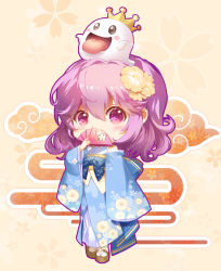 Rule 34 | 1girl, :d, bare shoulders, beige background, blue kimono, blue sash, blush, blush stickers, brown footwear, commentary request, covered mouth, crown, floral background, floral print, flower, folding fan, full body, ghost, hair between eyes, hair flower, hair ornament, hand fan, highres, holding, holding fan, japanese clothes, jokanhiyou, kimono, long sleeves, looking at viewer, mini crown, no headwear, obi, open mouth, pink eyes, pink hair, saigyouji yuyuko, sandals, sash, short hair, smile, socks, solo, sparkle, standing, tongue, tongue out, touhou, white socks, wide sleeves, yellow flower