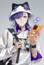 Rule 34 | 1boy, :3, absurdres, animal hat, bishounen, cat hat, cellphone, collared shirt, earrings, eyelashes, fyuu-ka, grey background, hat, heart, highres, hitodama, holding, holding phone, holostars, jewelry, long hair, looking at viewer, male focus, minase rio, mismatched earrings, multiple necklaces, phone, purple eyes, purple hair, shirt, smartphone, solo, speech bubble, spoken heart, upper body, virtual youtuber, watch, wristwatch