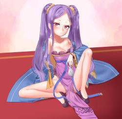 Rule 34 | 1girl, absurdres, bare legs, blush, bottle, breasts, cleavage, dress, eun bari, fate/grand order, fate (series), hair ornament, highres, holding, long hair, long sleeves, looking at viewer, medium breasts, pink eyes, purple hair, robe, sitting, solo, spread legs, tagme, thighs, twintails, wide sleeves, wu zetian (fate)