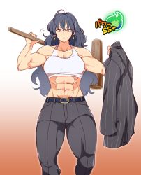 Rule 34 | 1girl, abs, ahoge, belt, blue hair, brown eyes, closed mouth, collarbone, dark blue hair, earrings, formal, gradient background, hanzo (2929), highres, holding, holding weapon, jacket, jewelry, kashimoto riko, long hair, mallet, muscular, muscular female, solo, sports bra, striped clothes, striped jacket, suit, umamusume, unworn jacket, wavy hair, weapon