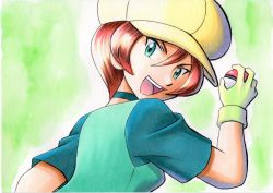 Rule 34 | 1girl, :d, brown hair, choker, commentary request, creatures (company), game freak, georgia (pokemon), green background, green choker, green shirt, green vest, hair between eyes, hand up, hat, highres, holding, holding poke ball, nintendo, oka mochi, open mouth, poke ball, poke ball (basic), pokemon, pokemon (anime), pokemon bw (anime), shirt, short hair, short sleeves, smile, solo, teeth, tongue, traditional media, upper body, upper teeth only, vest, yellow hat