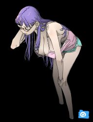 Rule 34 | 1girl, absurdres, bad id, bad twitter id, bent over, black background, breasts, camisole, cleavage, glasses, highres, imamura ryou, large breasts, long hair, nipple slip, nipples, original, purple hair, shorts, simple background, solo