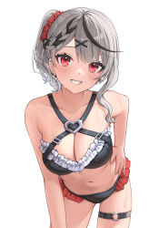 Rule 34 | 1girl, absurdres, bare arms, bare shoulders, bikini, black bikini, braid, breasts, cleavage, collarbone, commentary, cowboy shot, criss-cross halter, ear piercing, earrings, frilled bikini, frills, glint, grey hair, grin, hair ornament, hair scrunchie, hairclip, halterneck, hand on own hip, highres, hololive, jewelry, large breasts, leaning forward, looking at viewer, multicolored hair, navel, outdoors, piercing, red eyes, sakamata chloe, scrunchie, short hair, simple background, smile, solo, standing, stomach, streaked hair, swimsuit, tate yukimi, thigh strap, thighs, virtual youtuber, wavy hair, wet, white background, x hair ornament