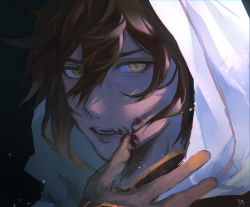 Rule 34 | 1boy, black background, blood, blood on face, brown hair, commentary, fang, genshin impact, hair between eyes, highres, hood, hood up, hooded robe, kitsunekotori, looking at viewer, male focus, multicolored hair, portrait, rex lapis (genshin impact), robe, signature, simple background, solo, symbol-only commentary, yellow eyes, zhongli (genshin impact)