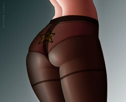 Rule 34 | 1girl, arched back, artist name, ass, ass focus, back, black pantyhose, close-up, from behind, grey background, highres, mario (series), nintendo, panties, panties under pantyhose, pantyhose, pink panties, pink pantyhose, princess peach, print panties, see-through, skindentation, solo, star (symbol), star print, super star (mario), super mario bros. 1, thighs, tobias wheller, underwear