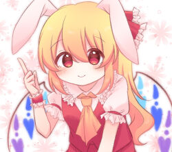 Rule 34 | 1girl, alternate hair length, alternate hairstyle, animal ears, ascot, blonde hair, blush, closed mouth, collared shirt, flandre scarlet, frilled shirt collar, frills, hair between eyes, highres, index finger raised, light smile, long hair, looking at viewer, multicolored wings, no headwear, pink background, puffy short sleeves, puffy sleeves, rabbit ears, red eyes, red ribbon, red skirt, red vest, ribbon, shihara hazuki 816, shirt, short sleeves, simple background, skirt, sleeve ribbon, solo, touhou, upper body, vest, white shirt, wings, wrist cuffs, yellow ascot