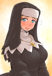 Rule 34 | 00s, 1girl, :o, blonde hair, blue eyes, blush, breasts, brown hair, cross, cross necklace, embarrassed, flying sweatdrops, from side, habit, highres, jewelry, large breasts, long sleeves, looking at viewer, mole, mole under eye, my-hime, necklace, nun, open mouth, orange background, raised eyebrows, sanada yukariko, short hair, solo, sweatdrop, tobatoinu, traditional nun, turtleneck, wavy mouth