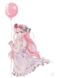 Rule 34 | 1girl, absurdres, alternate hairstyle, balloon, bow, dress, flower, from behind, head wreath, highres, hyde (hai-do), just be friends (vocaloid), long hair, looking at viewer, looking back, megurine luka, pink hair, ribbon, simple background, smile, solo, string, vocaloid, white background, white dress