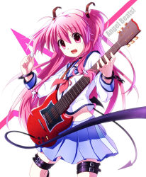 Rule 34 | 10s, 1girl, angel beats!, ankle lace-up, bad id, bad pixiv id, cable, cross-laced footwear, fang, guitar, instrument, long hair, pen (steelleets), pink eyes, pink hair, plectrum, school uniform, serafuku, solo, thigh strap, twintails, two side up, yui (angel beats!)