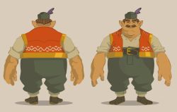Rule 34 | 1boy, beige background, brown hair, closed eyes, closed mouth, fat, fat man, full body, green headwear, hat, hat feather, high-waist pants, highres, link: the faces of evil, male focus, marcus rek, moccas, morshu, nintendo, orange vest, pants, parody, pointy ears, shirt, shirt tucked in, simple background, smile, standing, style parody, the legend of zelda, the legend of zelda: breath of the wild, the legend of zelda (cd-i), vest, white shirt