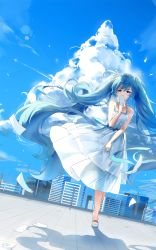 Rule 34 | 1girl, asahi kuroi, blue eyes, blue hair, blue sky, cloud, day, dress, floating hair, full body, hair between eyes, hatsune miku, highres, holding, holding letter, letter, long hair, outdoors, rooftop, see-through silhouette, sky, sleeveless, sleeveless dress, solo, standing, sundress, twintails, very long hair, vocaloid, white dress, wind