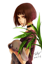 Rule 34 | 1girl, artist name, black choker, black hair, black shirt, blunt bangs, bob cut, brown eyes, chinese commentary, choker, commentary request, dated, eyelashes, from side, highres, holding, holding stuffed toy, leon the professional, lips, looking at viewer, looking to the side, lujialing, mathilda lando, parted lips, pendant choker, plant, shirt, short hair, signature, simple background, solo, striped clothes, striped shirt, stuffed animal, stuffed rabbit, stuffed toy, upper body, white background