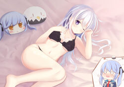 Rule 34 | 2girls, absurdres, azur lane, barefoot, black bra, black panties, blue hair, blush, blush stickers, bra, breasts, character doll, enterprise (azur lane), essex (azur lane), feet, grey hair, hair ornament, hair ribbon, highres, hoshimi tooni, long hair, looking at viewer, lying, medium breasts, multiple girls, navel, one eye closed, open mouth, panties, purple eyes, ribbon, twintails, underwear, underwear only, white hair