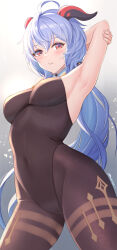Rule 34 | 1girl, ahoge, armpits, arms up, bare arms, bare shoulders, black leotard, black pantyhose, blue hair, blush, breasts, covered navel, from below, ganyu (genshin impact), genshin impact, goat horns, gradient background, highleg, highleg leotard, highres, horns, large breasts, leotard, long hair, looking at viewer, mitsukayurie, pantyhose, parted lips, red eyes, smile, thighs
