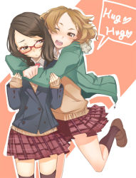 Rule 34 | 2girls, :/, ;d, black eyes, black hair, black socks, blazer, blonde hair, blush, brown eyes, buttons, collared shirt, english text, glasses, heart, hood, hoodie, hug, hug from behind, jacket, jumping, kneehighs, loafers, multiple girls, necktie, one eye closed, open clothes, open jacket, open mouth, original, pink background, plaid, plaid skirt, pleated skirt, red-framed eyewear, red legwear, red necktie, red skirt, sasetsu, school uniform, shirt, shoes, short hair, simple background, skirt, smile, socks, speech bubble, standing, sweater, thighhighs, wink, yuri, zettai ryouiki