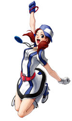Rule 34 | 1girl, ai (snk), bangle, baseball cap, baseball uniform, blue eyes, boots, bracelet, brown hair, concept art, dress, female focus, full body, gloves, hat, high heels, jewelry, jumping, knee boots, neo geo battle coliseum, neo geo pocket color, official art, one eye closed, shoes, short twintails, simple background, snk, solo, sportswear, twintails, white background, wink