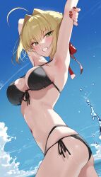 1girl armpits arms_up bikini blonde_hair breasts cloud fate/grand_order fate_(series) female_focus green_eyes hair_ornament highres light_blush looking_at_viewer medium_breasts medium_hair nero_claudius owari_wan red_nails sky swimsuit teeth water