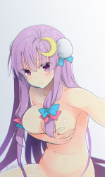 Rule 34 | 1girl, bad id, bad pixiv id, blue bow, blush, bow, breasts, bun cover, circle name, cleavage, completely nude, covering privates, covering breasts, crescent, crescent hair ornament, double bun, eyebrows, hair bow, hair bun, hair ornament, long hair, looking at viewer, navel, nude, outstretched arm, patchouli knowledge, purple eyes, purple hair, reaching, reaching towards viewer, red bow, selfie, shigemiya kyouhei, sidelocks, sitting, solo, stomach, touhou, twitter username, very long hair