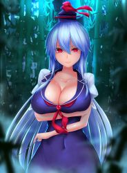 Rule 34 | 1girl, bamboo, bamboo forest, blue dress, blue hair, blue sky, blurry, breast hold, breasts, cleavage, collarbone, covered navel, curvy, depth of field, dress, forest, hair between eyes, hat, highres, kamishirasawa keine, large breasts, light smile, long hair, looking at viewer, moonlight, nature, night, red eyes, short sleeves, sky, solo, touhou, upper body, wide hips, yoiro, yoiro (porigonn)