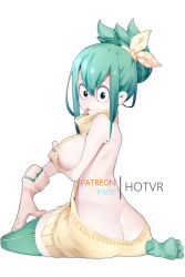 Rule 34 | 1girl, ass, asui tsuyu, back, black eyes, boku no hero academia, bow, breasts, butt crack, closed mouth, from behind, full body, gloves, green hair, green thighhighs, hair bow, hot vr, large breasts, looking at viewer, looking back, meme attire, no bra, no panties, orange gloves, sideboob, sidelocks, simple background, solo, sweater, thighhighs, tongue, tongue out, virgin killer sweater, white background, yellow sweater