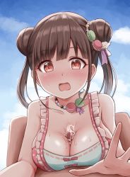 Rule 34 | 1boy, 1girl, blush, breasts, brown hair, censored, cleavage, cloud, cum, cum on body, cum on breasts, cum on upper body, double bun, food, food-themed hair ornament, full-face blush, hair bun, hair ornament, highres, idolmaster, idolmaster shiny colors, jewelry, large breasts, long hair, macaron, macaron hair ornament, mosaic censoring, necklace, outdoors, outstretched arm, paizuri, paizuri under clothes, penis, red eyes, ribbon, sky, sonoda chiyoko, surprised, swimsuit, warubo, yellow ribbon