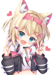 1girl absurdres animal_ear_fluff animal_ears bandaid bandaid_hair_ornament belt_collar black_collar black_jacket blonde_hair blush collar cropped_jacket cropped_shirt dog_ears dog_girl double_v fang fur-trimmed_jacket fur_trim grandapple71 hair_ornament headphones headphones_around_neck highres hololive hololive_english jacket looking_at_viewer mococo_abyssgard mococo_abyssgard_(1st_costume) multicolored_hair nail_polish open_mouth pink_hair pink_nails skin_fang smile solo streaked_hair v virtual_youtuber white_background x_hair_ornament