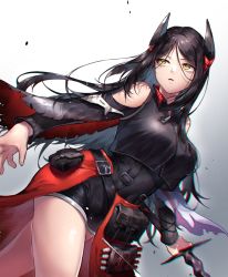 Rule 34 | 1girl, arknights, bare shoulders, black dress, black hair, breasts, chan100577, commentary request, cowboy shot, dress, dutch angle, gradient background, grey background, hair ornament, headgear, highres, holding, holding sword, holding weapon, ines (arknights), long hair, looking away, medium breasts, parted bangs, parted lips, partial commentary, sleeveless, sleeveless dress, solo, sword, thighs, upper body, very long hair, weapon, white background, yellow eyes
