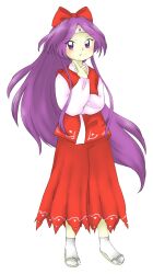 Rule 34 | 1girl, bow, full body, hair bow, hand up, headband, legs apart, long hair, long sleeves, meira (touhou), nonamejd, official style, pants, parted bangs, ponytail, purple eyes, purple hair, red bow, red pants, sandals, socks, solo, standing, tabi, touhou, touhou (pc-98), very long hair, white socks, zouri, zun (style)