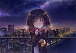 Rule 34 | 1girl, black jacket, blue eyes, blush, brown hair, building, can, cityscape, holding, holding can, hot chocolate, jacket, medium hair, naru (kts5584), night, night sky, original, pink scarf, railing, scarf, sky, skyscraper, smile, solo, standing, star (sky), starry sky