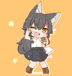 Rule 34 | 1girl, animal ears, black hair, black skirt, brown eyes, chibi, halterneck, holding, holding microphone, hololive, jewelry, long hair, looking at viewer, microphone, multicolored hair, necklace, nekoyama, one eye closed, ookami mio, ookami mio (street), orange background, red hair, skirt, solo, star (symbol), streaked hair, tail, virtual youtuber, wolf ears, wolf girl, wolf tail