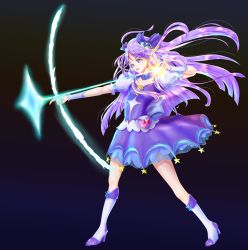 Rule 34 | 1girl, arrow (projectile), black background, blue background, blue eyes, boots, bow (weapon), collarbone, cure selene, detached collar, dress, floating hair, from side, full body, gradient background, hair ornament, high heel boots, high heels, highres, holding, holding arrow, holding bow (weapon), holding weapon, kaguya madoka, knee boots, long hair, magical girl, mitaka, precure, purple dress, purple hair, short dress, short sleeves, solo, standing, star twinkle precure, very long hair, weapon, white footwear