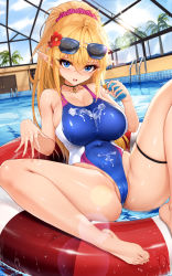 Rule 34 | 1girl, absurdres, ahoge, bare arms, bare legs, barefoot, black choker, blonde hair, blue eyes, blush, bottle, breasts, cameltoe, choker, commentary request, competition swimsuit, covered navel, elf, eyewear on head, feet, flower, hair between eyes, hair flower, hair ornament, highleg, highleg swimsuit, highres, holding, holding bottle, innertube, large breasts, long hair, looking at viewer, lotion, niliu chahui, one-piece swimsuit, original, palm tree, partially visible vulva, pointy ears, pool, red flower, rei no pool, solo, sunglasses, sunscreen, swim ring, swimsuit, thigh strap, toes, tree, water