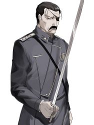 Rule 34 | &gt;:(, 1boy, 791 (meiyuewudi), bad id, black hair, eyepatch, facial hair, frown, fullmetal alchemist, highres, holding, holding sword, holding weapon, jacket, king bradley, looking at viewer, male focus, medal, military, military jacket, military rank insignia, military uniform, mustache, muted color, one eye covered, pale skin, rapier, red eyes, simple background, solo, spoilers, star (symbol), sword, uniform, upper body, v-shaped eyebrows, weapon, white background, wrath (fma)