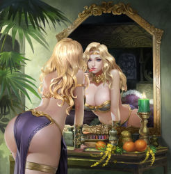 Rule 34 | 1girl, applying makeup, ass, blonde hair, breasts, candle, circlet, cleavage, curvy, food, fruit, highres, hip focus, indoors, large breasts, leaning forward, lipstick, long hair, longan huynh, makeup, mirror, orange (fruit), original, parted lips, pelvic curtain, reflection, room, solo, thigh strap, wide hips