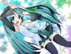 Rule 34 | 1girl, adapted costume, aqua eyes, aqua hair, aqua necktie, armpits, black thighhighs, blouse, boots, collared shirt, detached sleeves, food, frilled shirt, frills, hair between eyes, hatsune miku, headphones, hubrael, long hair, necktie, shirt, skirt, solo, spring onion, star (symbol), thigh boots, thighhighs, twintails, vegetable, very long hair, vocaloid, white background, white shirt, zettai ryouiki