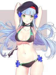 Rule 34 | 1girl, armpits, arms up, artist name, assault rifle, beret, bikini, black bikini, blue hair, blunt bangs, blush, closed mouth, collarbone, commentary request, contrapposto, damda, facial mark, floating hair, girls&#039; frontline, gun, h&amp;k hk416, hair ornament, hat, heckler &amp; koch, long hair, looking at viewer, looking to the side, navel, rifle, signature, solo, standing, swimsuit, teardrop, thighs, tsurime, weapon