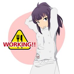 Rule 34 | 1girl, adjusting hair, alternate costume, arms up, badge, chef, logo, long hair, mouth hold, pen, pen (ismr), purple eyes, purple hair, simple background, smile, solo, tsurime, working!!, yamada aoi