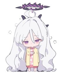 Rule 34 | 1girl, ahoge, blue archive, blush, chibi, clothes on shoulders, demon horns, full body, hair between eyes, halo, highres, hina (blue archive), horns, long hair, maredoro, multiple horns, nightgown, no mouth, polka dot nightgown, purple eyes, simple background, sleepy, solo, squeans, standing, very long hair, white background, white hair