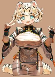Rule 34 | 1girl, absurdres, animal ears, aqua eyes, black hair, blush, bodysuit, bodysuit under clothes, breasts, bridal gauntlets, brown background, china dress, chinese clothes, cropped legs, dress, hands up, highres, jewelry, large breasts, long sleeves, looking at viewer, microdress, multicolored hair, open mouth, original, ring, shima (wansyon144), short hair, simple background, solo, star (symbol), streaked hair, tail, tassel, thighs, tiger, tiger ears, tiger girl, tiger stripes, tiger tail, toggles, v, w arms, white hair, white tiger