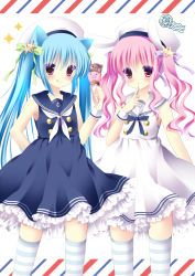 Rule 34 | 2girls, :q, anchor symbol, animal ears, blue hair, bow, brown eyes, cat ears, dress, food, hair bow, hair ornament, hair ribbon, hat, holding, ice cream, ice cream cone, long hair, looking at viewer, multiple girls, niki (aroma terrace), original, pink hair, rabbit ears, ribbon, sailor dress, sailor hat, shibainu niki, smile, star (symbol), star hair ornament, striped clothes, striped legwear, striped thighhighs, thighhighs, tongue, tongue out, twintails, zettai ryouiki
