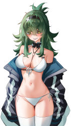 Rule 34 | 1girl, :d, absurdres, bare shoulders, between breasts, bikini, black bow, black bowtie, black hairband, black jacket, blush, bow, bowtie, breasts, cleavage, collarbone, cowboy shot, gluteal fold, green hair, grin, hairband, highres, jacket, large breasts, long hair, long sleeves, looking at viewer, navel, o-ring, off shoulder, open clothes, open jacket, open mouth, original, parted lips, ribbon, shouz, side-tie bikini bottom, simple background, smile, stomach, swimsuit, thigh gap, thighhighs, white background, white bikini, white ribbon, white thighhighs, yellow eyes