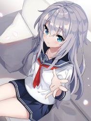 Rule 34 | 1girl, absurdres, anchor symbol, blue eyes, blue sailor collar, blue skirt, commentary request, couch, cowboy shot, fathom, foreshortening, hibiki (kancolle), highres, kantai collection, light smile, long hair, looking at viewer, neckerchief, red neckerchief, sailor collar, school uniform, serafuku, silver hair, sitting, skirt, solo