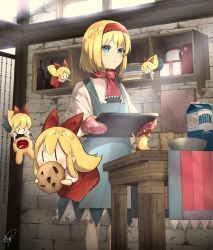 Rule 34 | 6+girls, alice margatroid, apron, bag, baking, blonde hair, blue eyes, bottle, bowl, capelet, commentary request, cookie, dress, expressionless, flying, food, highres, hourai doll, indoors, looking at viewer, milk carton, multiple girls, oven mitts, petticoat, plate, red neckwear, shanghai doll, short hair, signature, standing, stone wall, table, tayutai (user xruy3332), touhou, tray, wall, white capelet